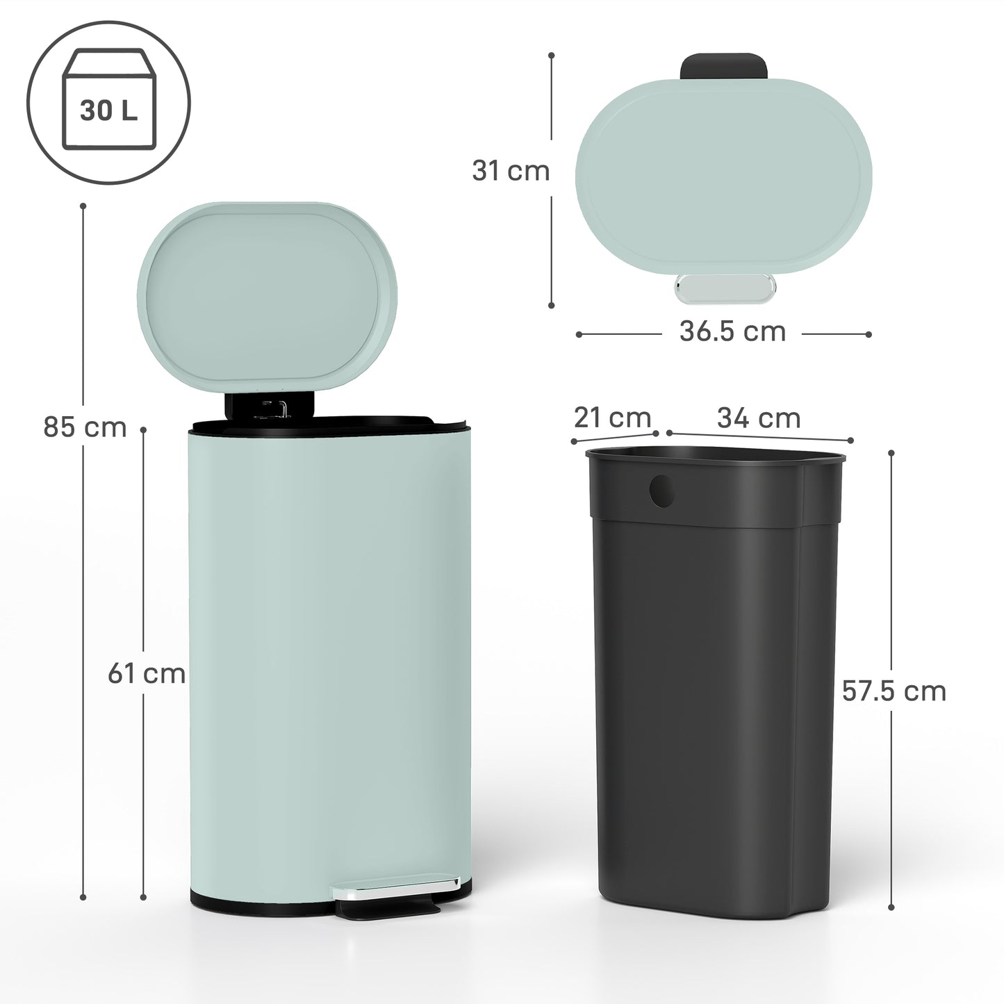 Slim Rectangular Pedal Bin with Soft-Close Lid, 30L Kitchen Bin Green