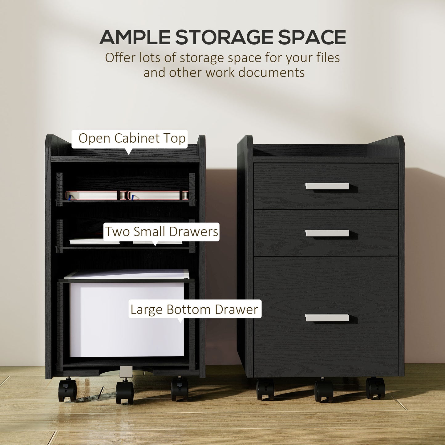 Mobile Filing Cabinet, File Cabinet with 3 Drawers, Black