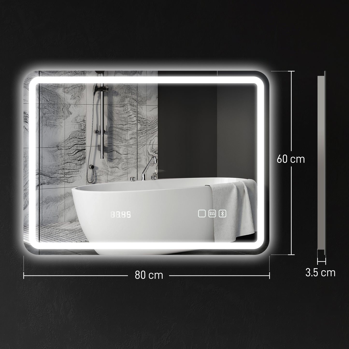 600 x 800 mm Illuminated Bathroom Mirror with Bluetooth Clock Silver