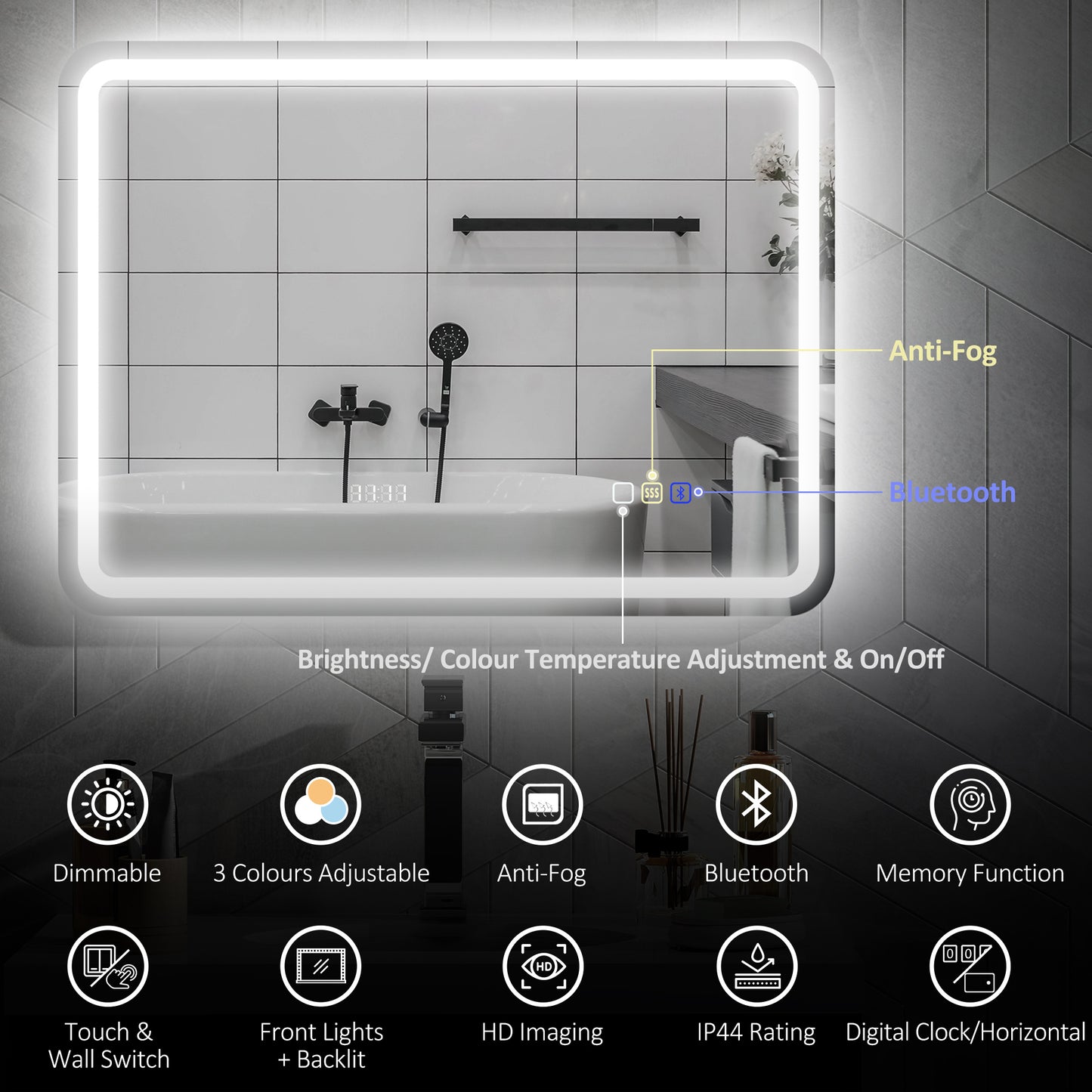 600 x 800 mm Illuminated Bathroom Mirror with Bluetooth Clock Silver