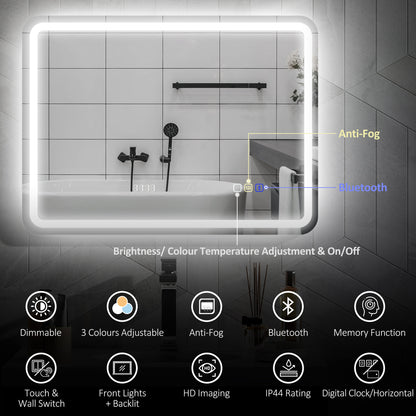 600 x 800 mm Illuminated Bathroom Mirror with Bluetooth Clock Silver