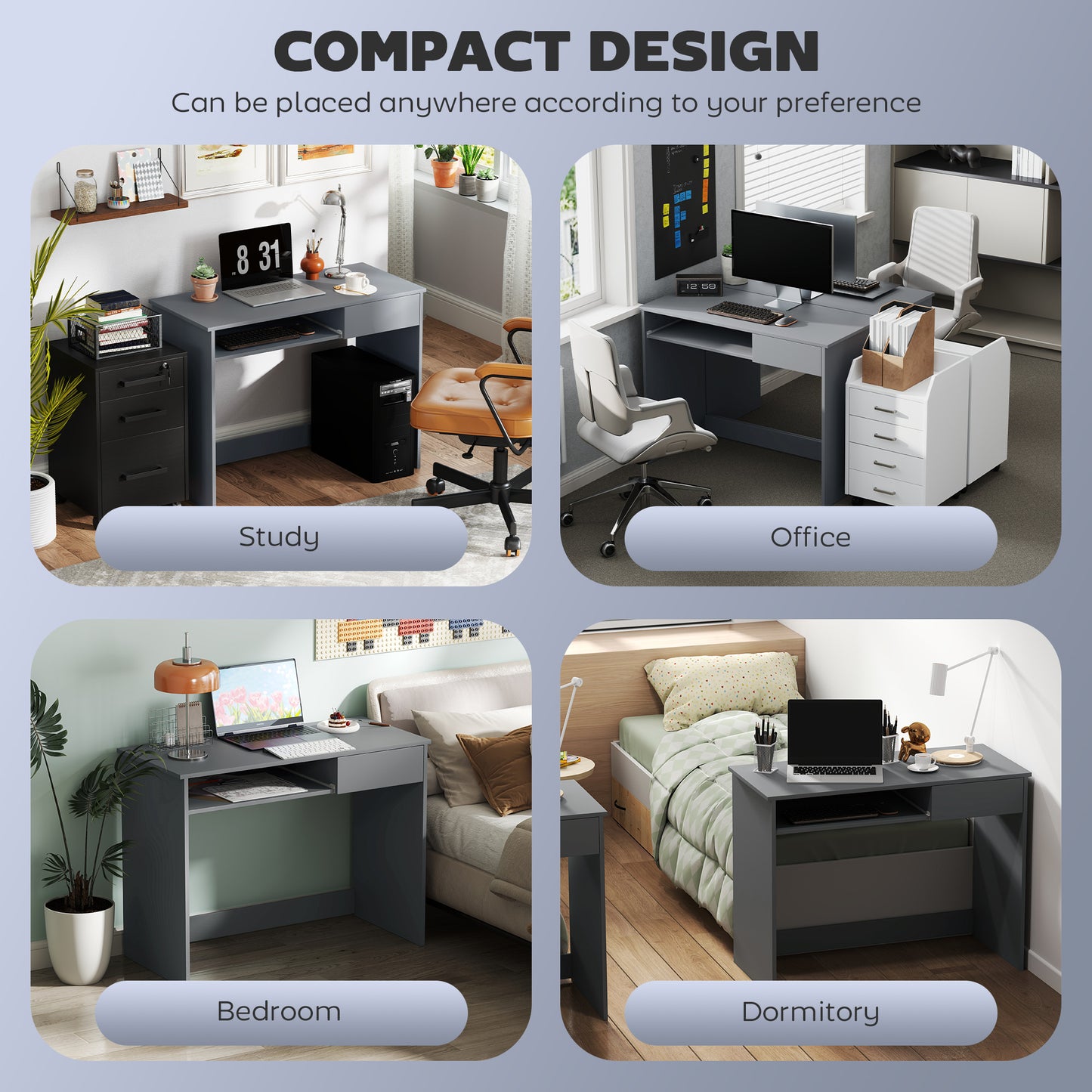Compact Computer Table with Keyboard Tray and Drawer, Grey
