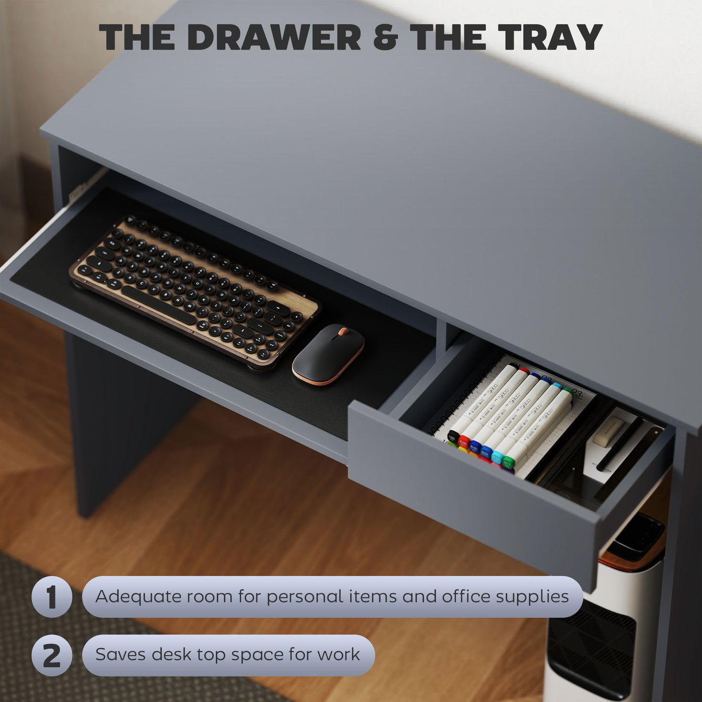 Compact Computer Table with Keyboard Tray and Drawer, Grey