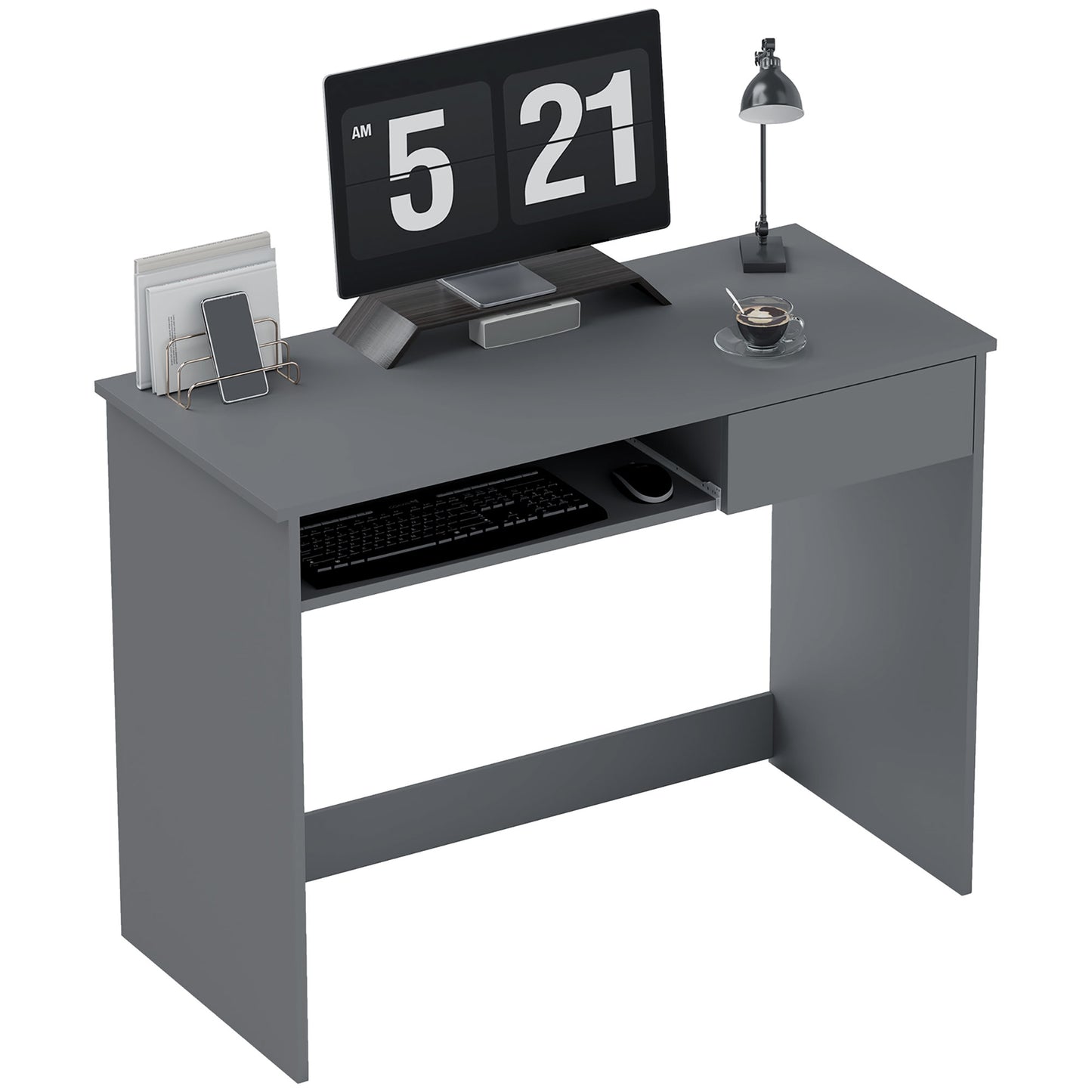 Compact Computer Table with Keyboard Tray and Drawer, Grey