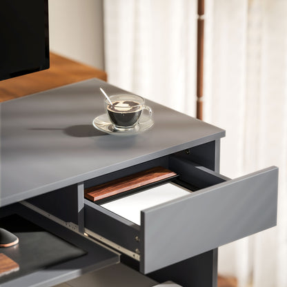 Compact Computer Table with Keyboard Tray and Drawer, Grey