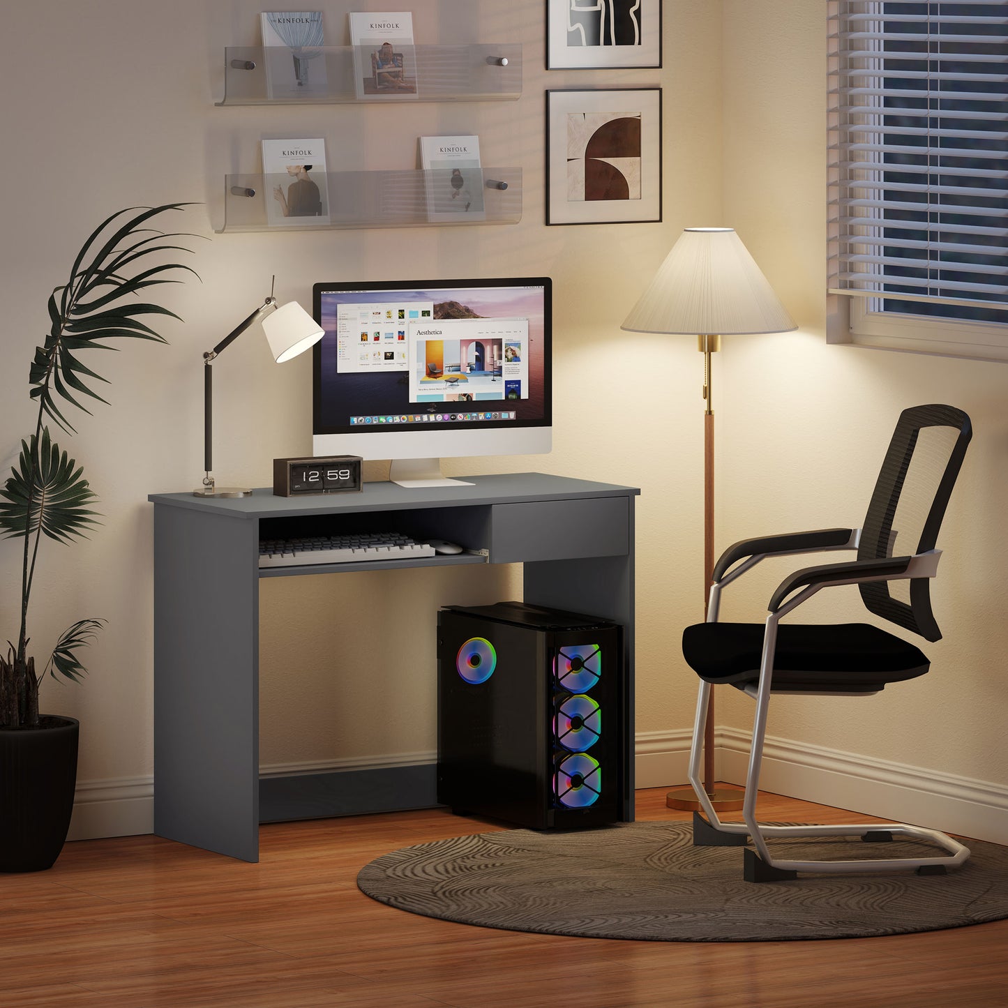 Compact Computer Table with Keyboard Tray and Drawer, Grey