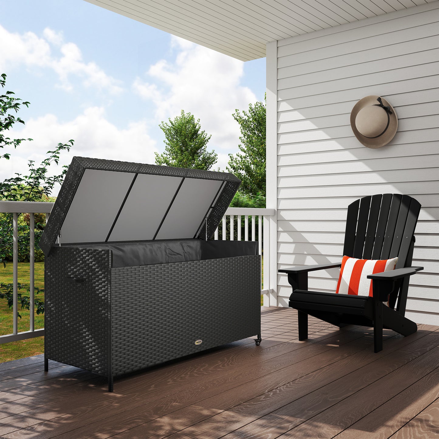 627 L Rattan Garden Storage Box with Gas Lift Lid and Wheels, Black