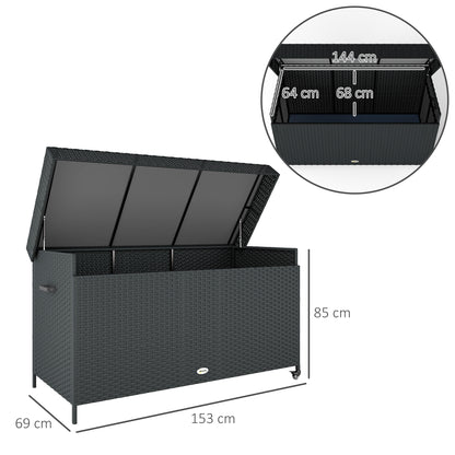 627 L Rattan Garden Storage Box with Gas Lift Lid and Wheels, Black