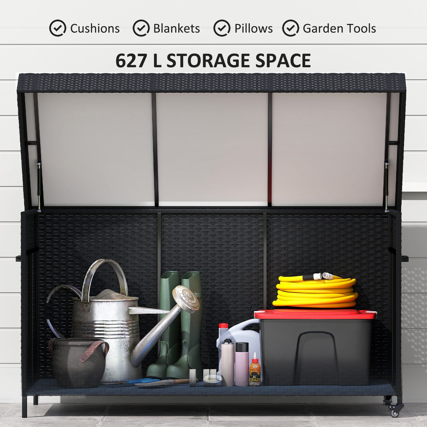 627 L Rattan Garden Storage Box with Gas Lift Lid and Wheels, Black