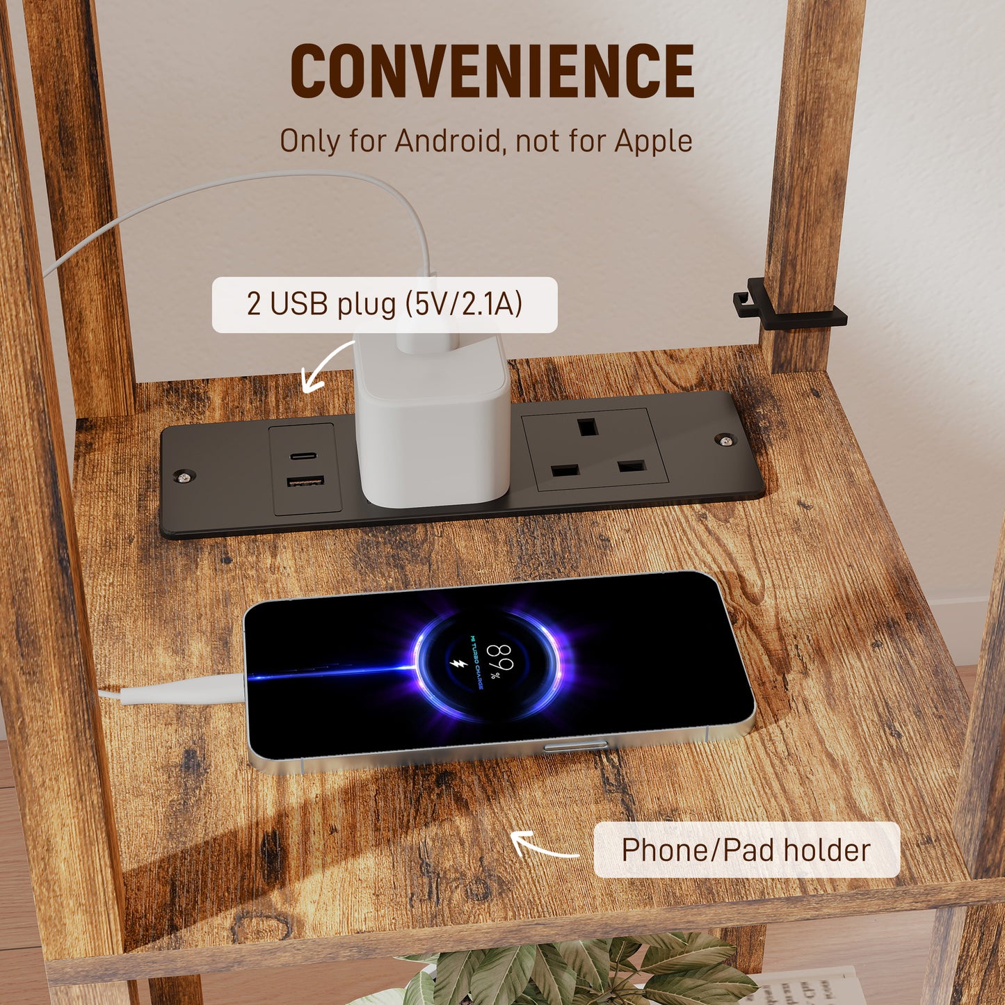 4 Layer Column Standing Lamp with USB Ports, Rustic Brown