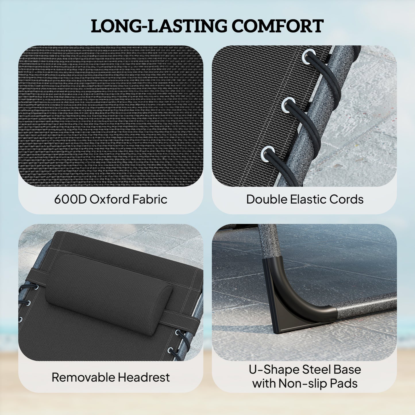 Folding Sun Loungers with 5-Level Back, Cup Holder, Black