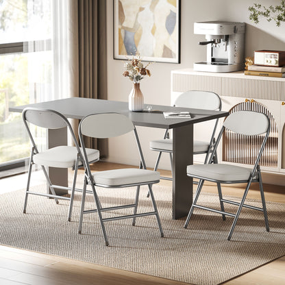 Folding Chairs Set of 4 with Cushioned Seat, Steel Frame, Off-White