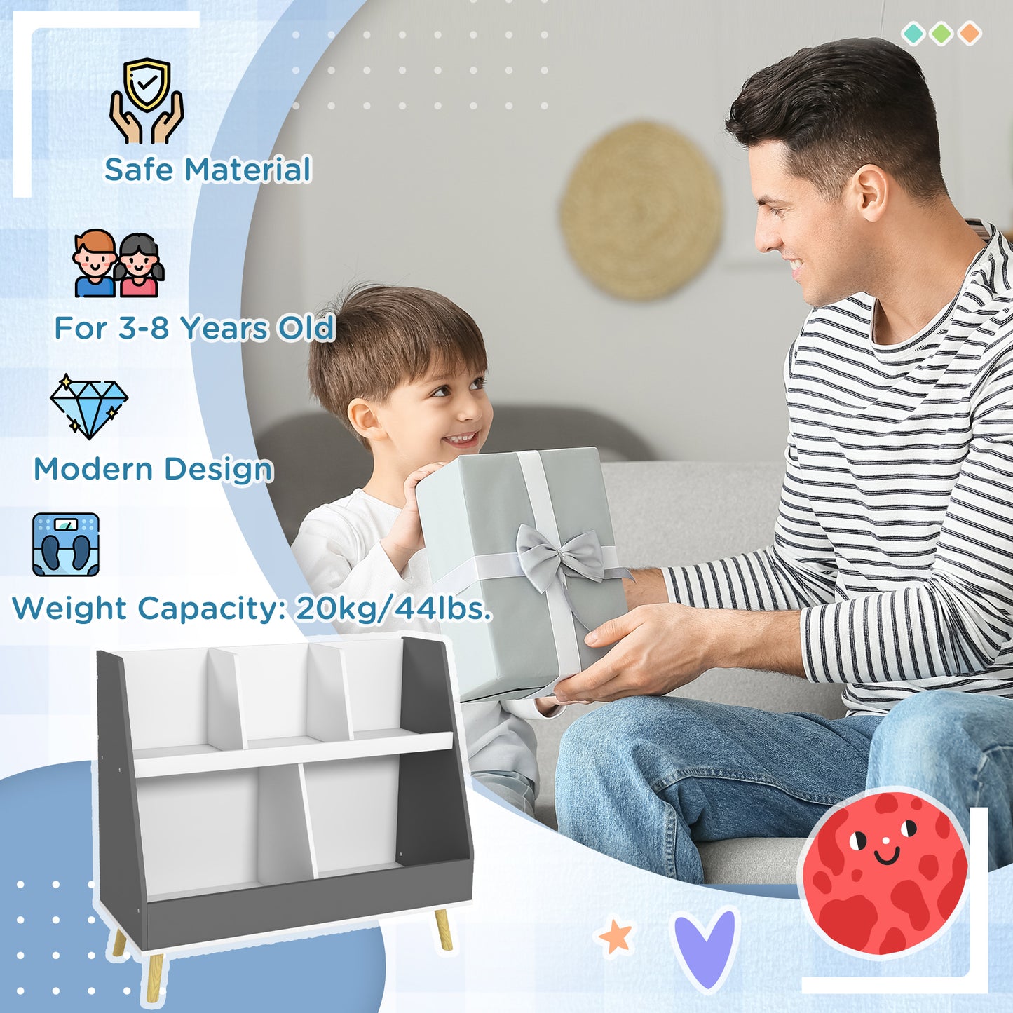 Kids Storage Shelf with 5 Compartments, Anti-Tip Device, Grey