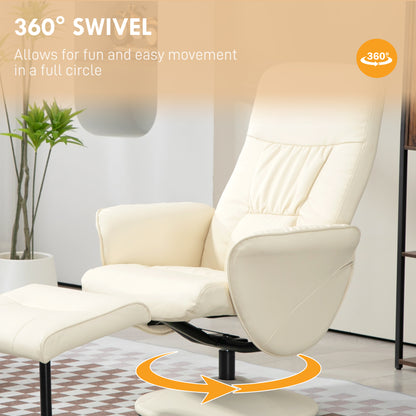 PU Leather Armchair and Footrest Swivel Recliner w/ Ottoman Cream White