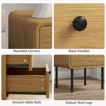 Bedside Table, Modern Nightstand with 2 Drawers Rounded Edges, Oak