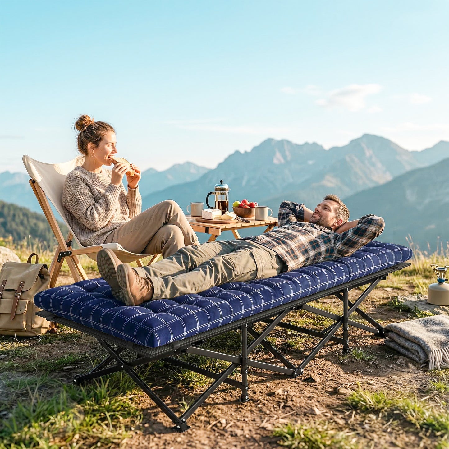Camping Cot Heavy Duty Folding Bed with Soft Pad Blue
