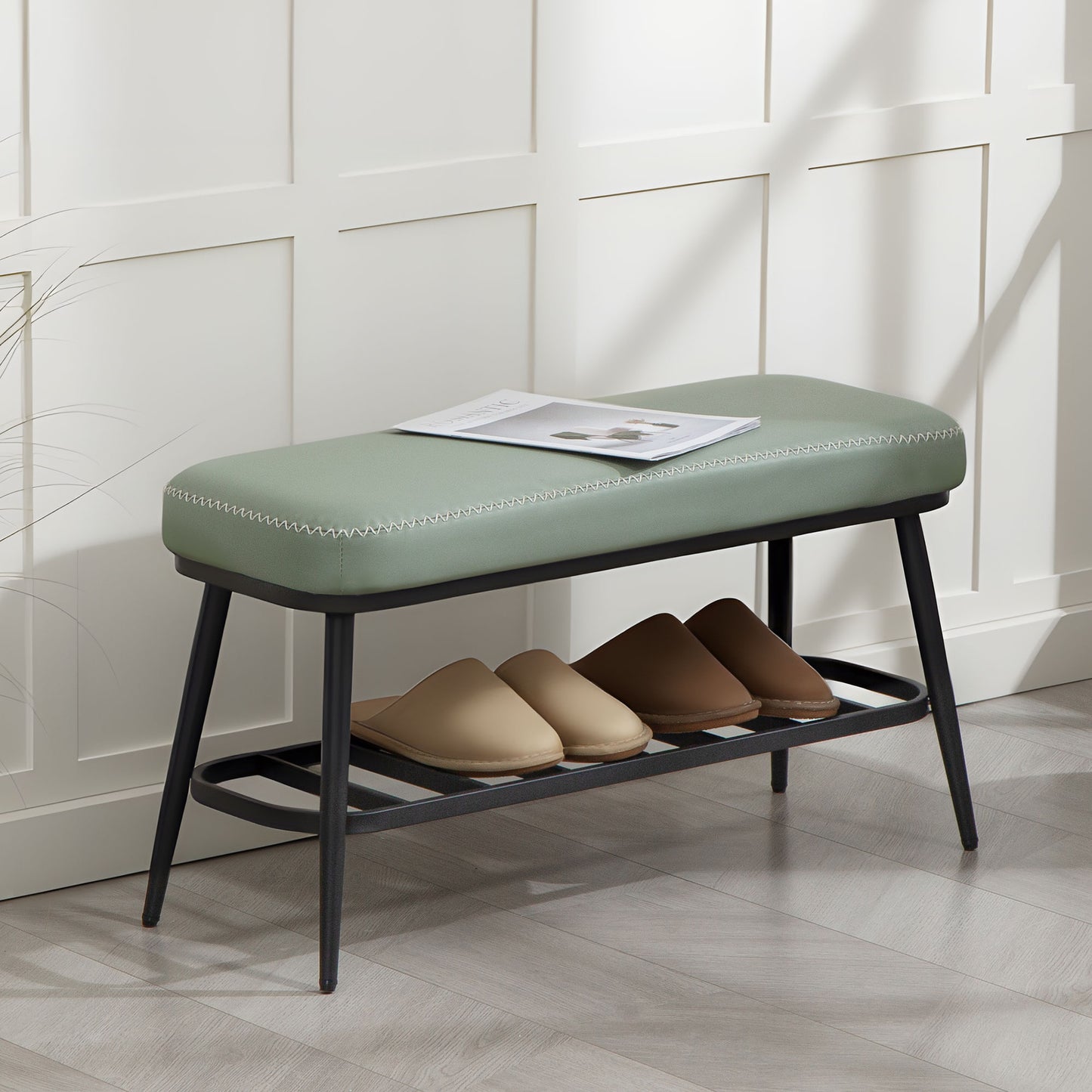 Shoe Bench, PU Leather Shoe Storage Bench for Entryway, Green