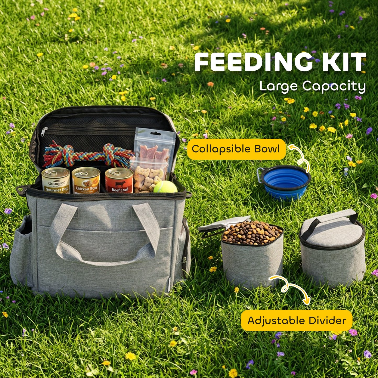 Dog Travel Bag, Dog Walking Bag with Multiple Pockets, Two Food Containers and Silicone Collapsible Bowl, Treat Pouch Bag for Cat Puppy Picnic Camping, Light Grey