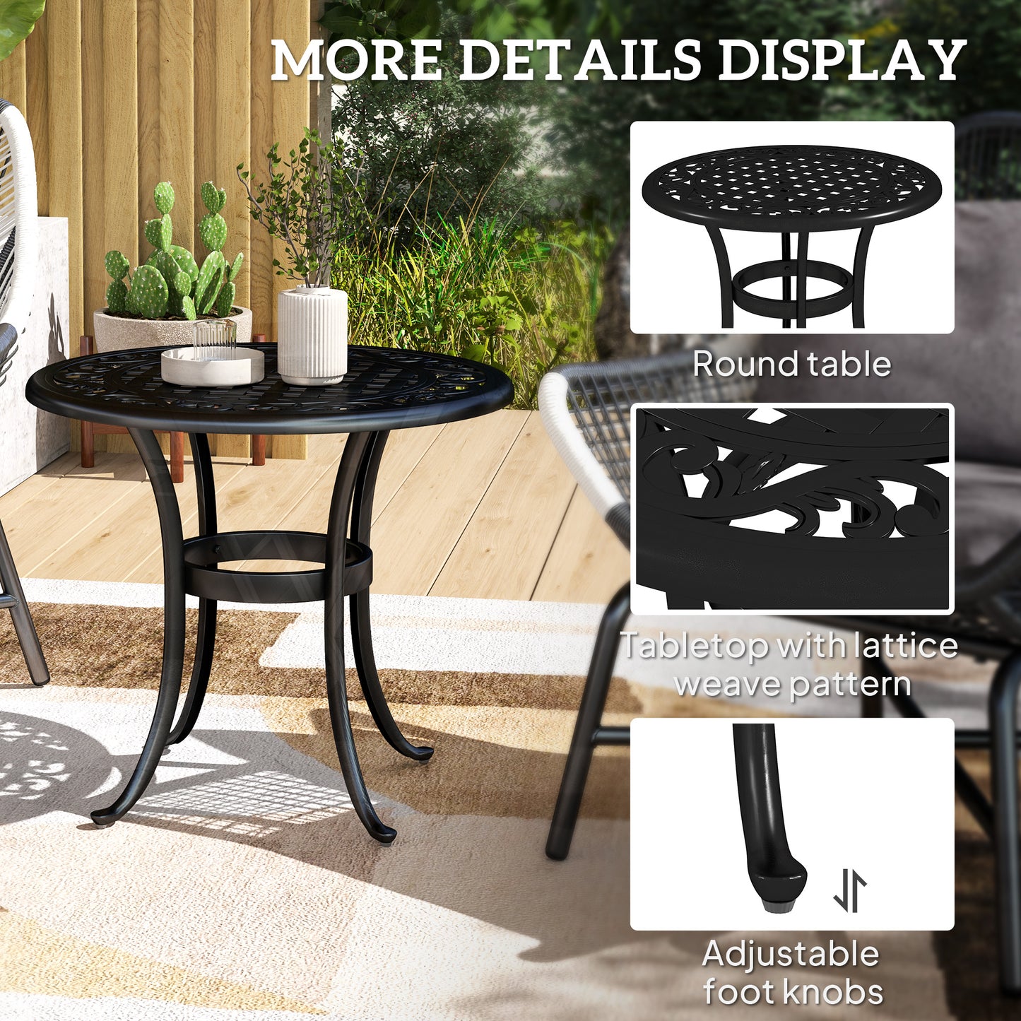 60cm Round Garden Table with Cast Aluminium Frame, Black