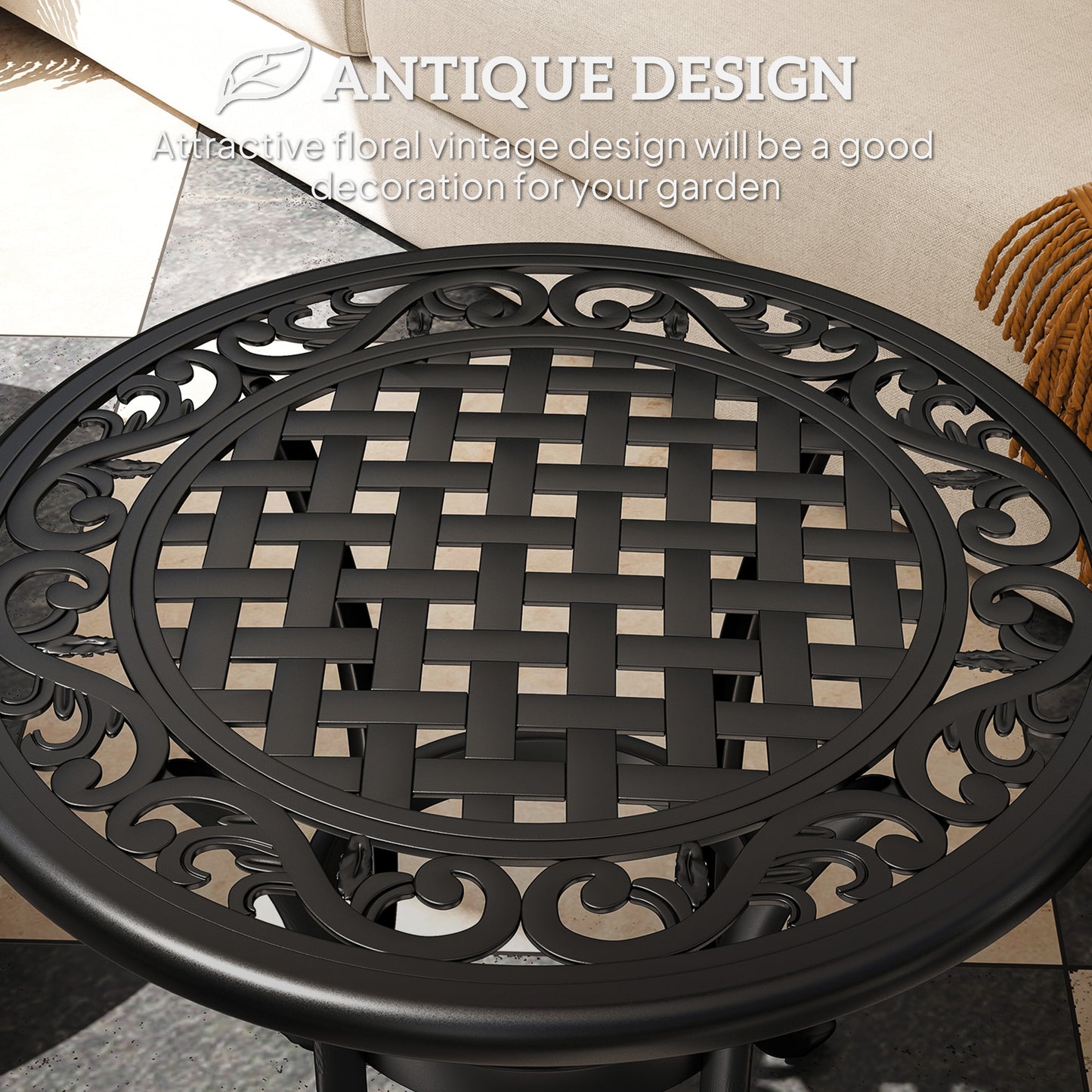 60cm Round Garden Table with Cast Aluminium Frame, Black