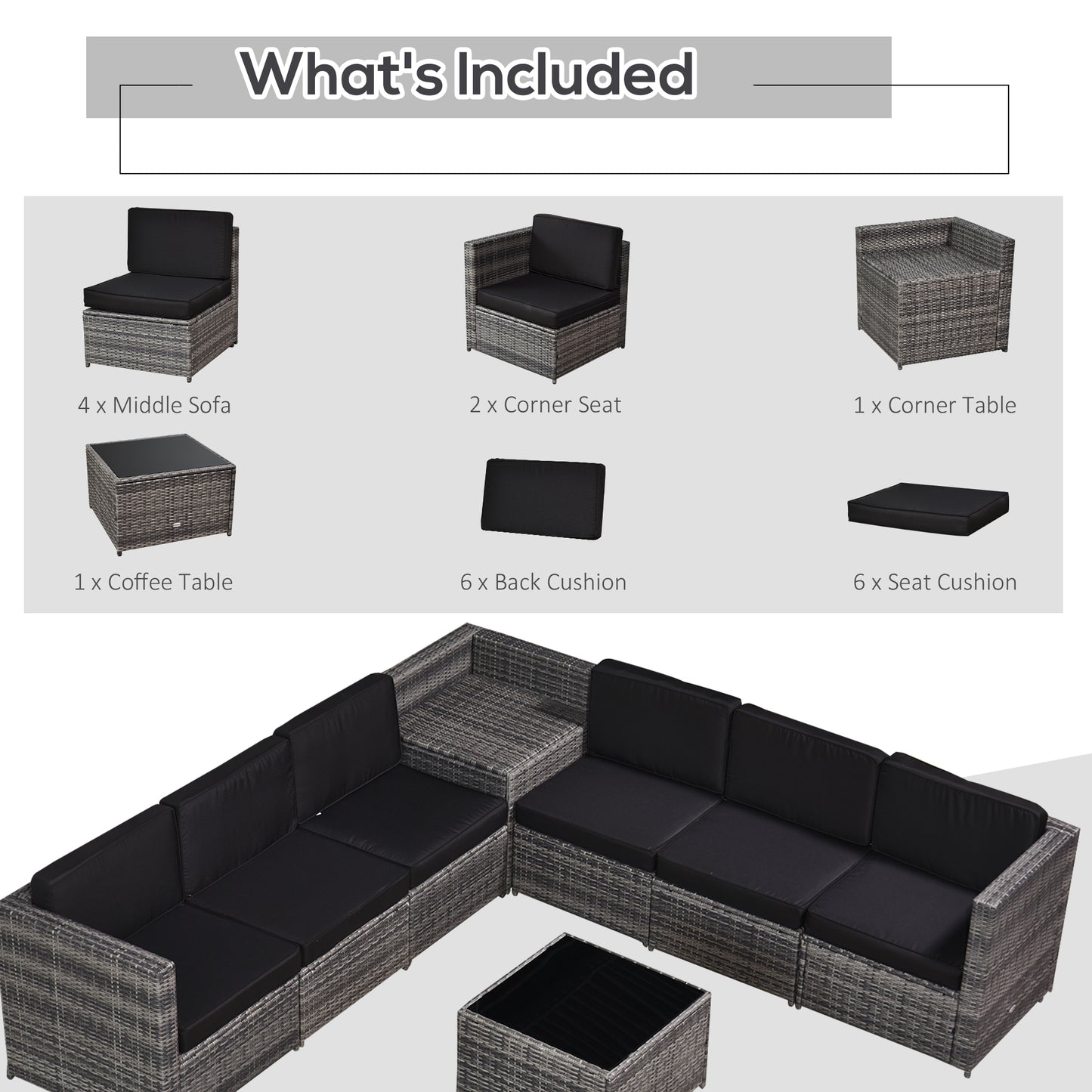 Outsunny 8 pcs Outdoor Rattan Garden Furniture Patio Sofa and Table Set with Cushions 6 Seater Corner Wicker Seat with Storage, Grey