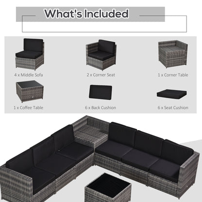 Outsunny 8 pcs Outdoor Rattan Garden Furniture Patio Sofa and Table Set with Cushions 6 Seater Corner Wicker Seat with Storage, Grey