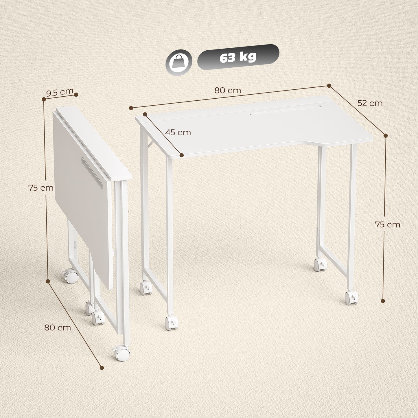 Small Writing Desk with Wheels, Folding Study Table, White