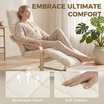 Accent Chair, Linen-Look Fabric Armchair with Footrest, Plush Cushion, High Back, Wide Seat, Curved Legs and Arms, Gentle Motion, Leisure Lounge Chair for Living Room, Bedroom, Cream White