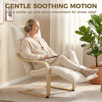 Accent Chair, Linen-Look Fabric Armchair with Footrest, Plush Cushion, High Back, Wide Seat, Curved Legs and Arms, Gentle Motion, Leisure Lounge Chair for Living Room, Bedroom, Cream White
