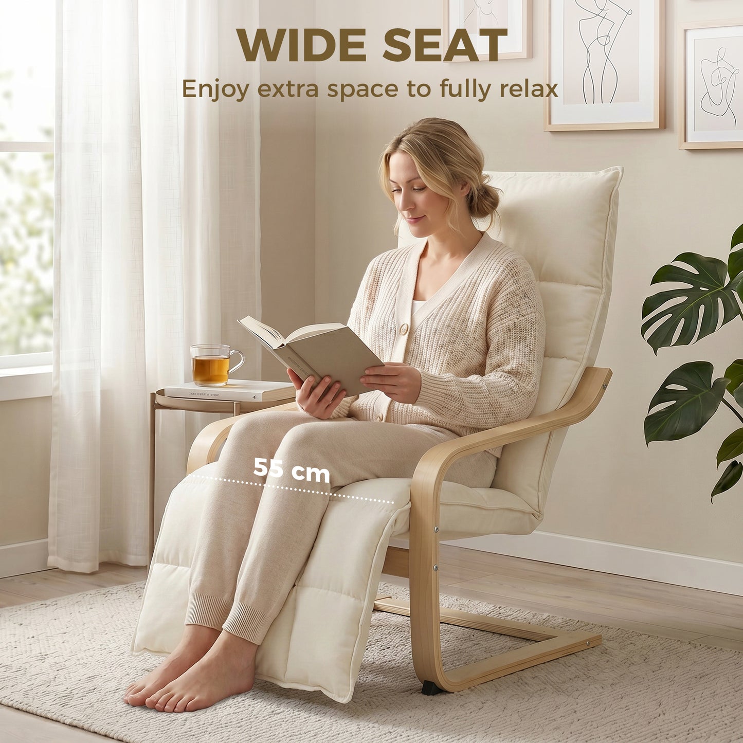 Accent Chair, Linen-Look Fabric Armchair with Footrest, Plush Cushion, High Back, Wide Seat, Curved Legs and Arms, Gentle Motion, Leisure Lounge Chair for Living Room, Bedroom, Cream White