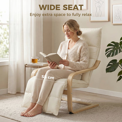 Accent Chair, Linen-Look Fabric Armchair with Footrest, Plush Cushion, High Back, Wide Seat, Curved Legs and Arms, Gentle Motion, Leisure Lounge Chair for Living Room, Bedroom, Cream White