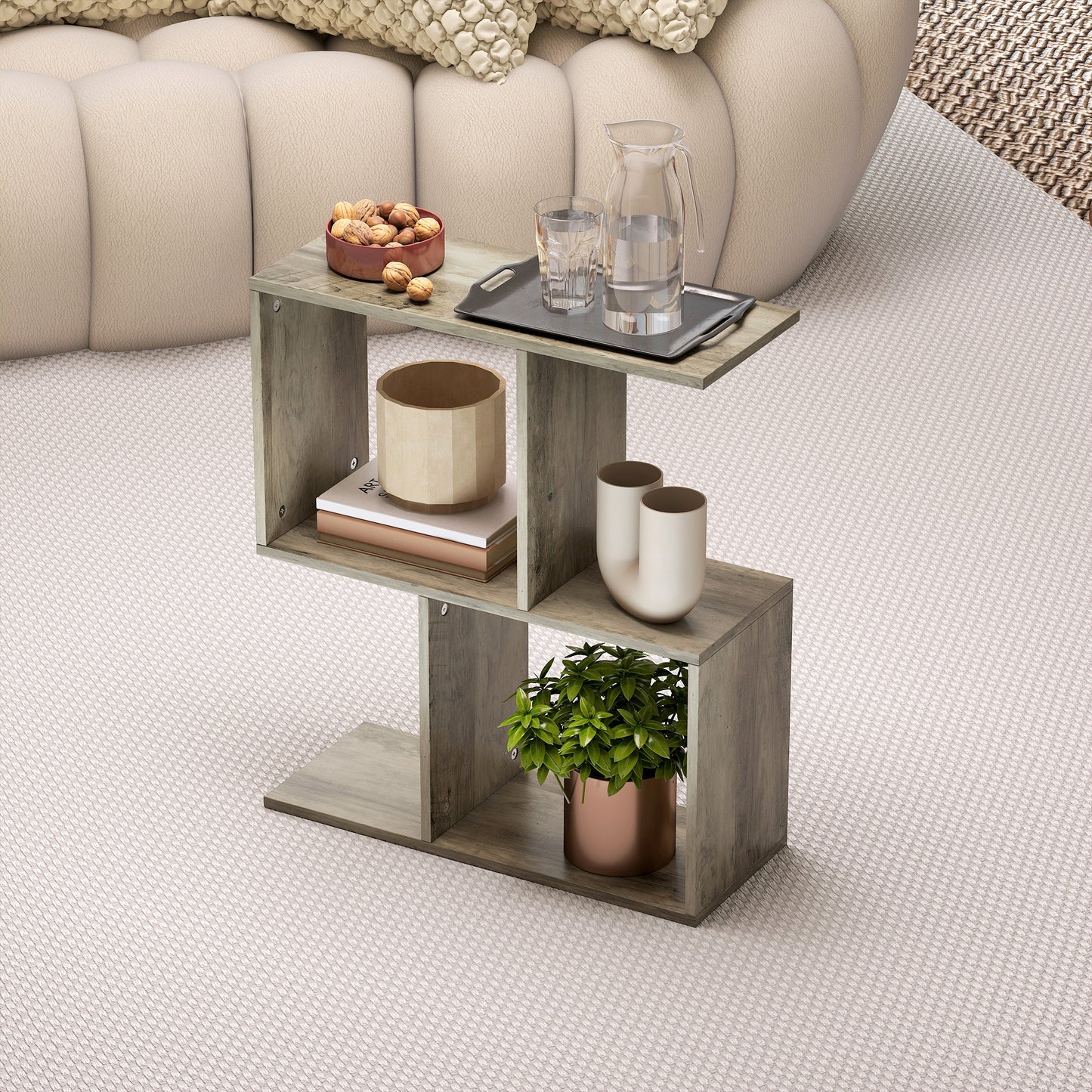 Side Table, Narrow End Table with Storage Shelves, Grey