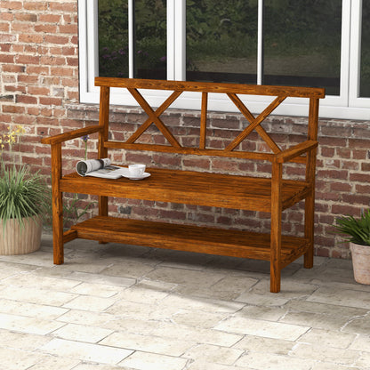 Wooden Garden Bench, 2-Seater Outdoor Bench with Storage Shelf, Backrest, Armrests and Slat Seat for Patio, Lawn, Deck, Carbonized