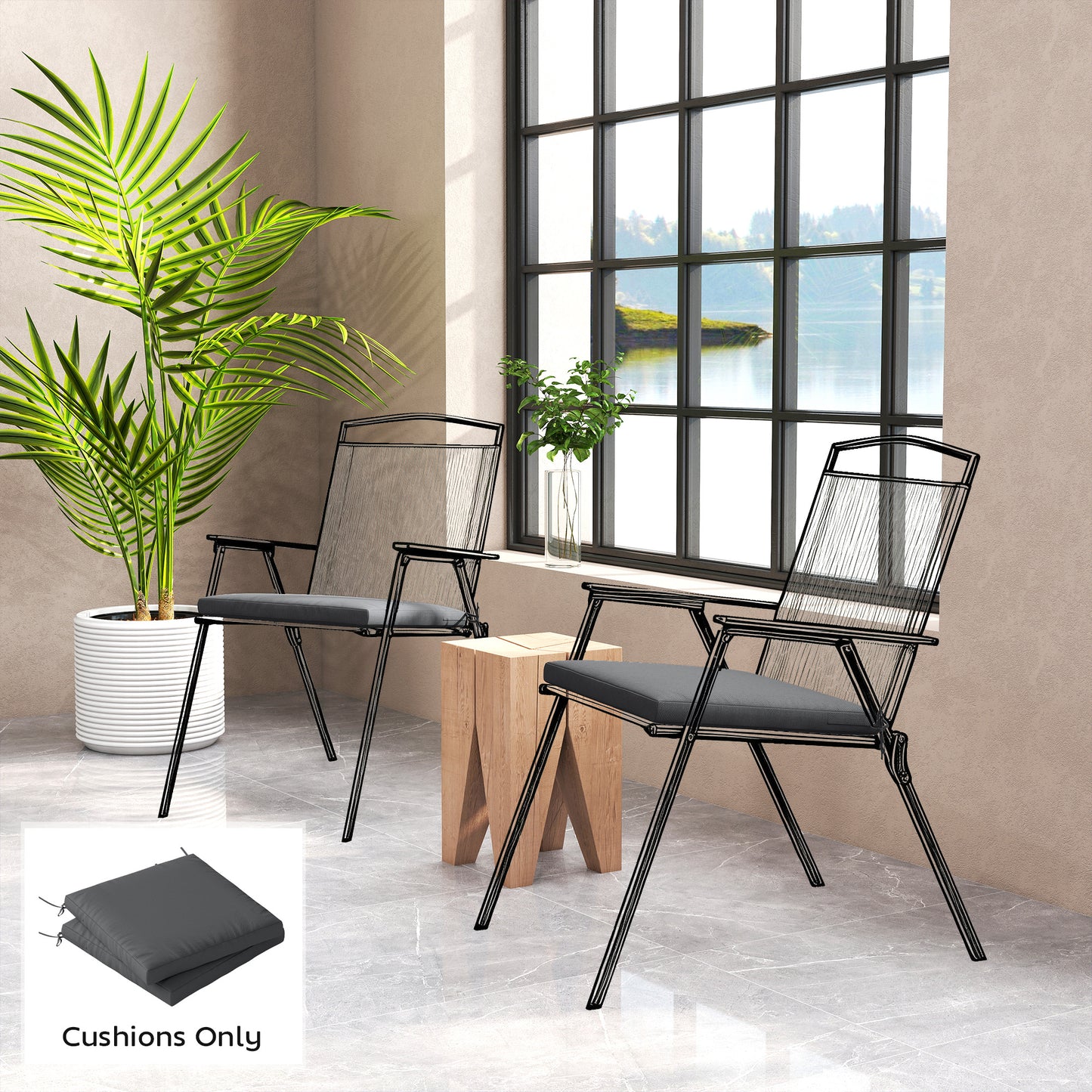 2Pcs Garden Chair Cushions, Waterproof Seat Pads, Dark Grey