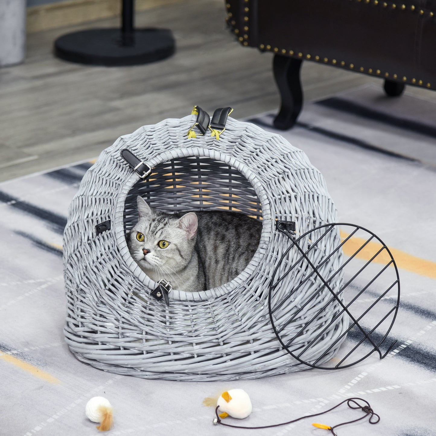 Cats Wicker Travel Carrier Basket w/ Plush Cushion Grey