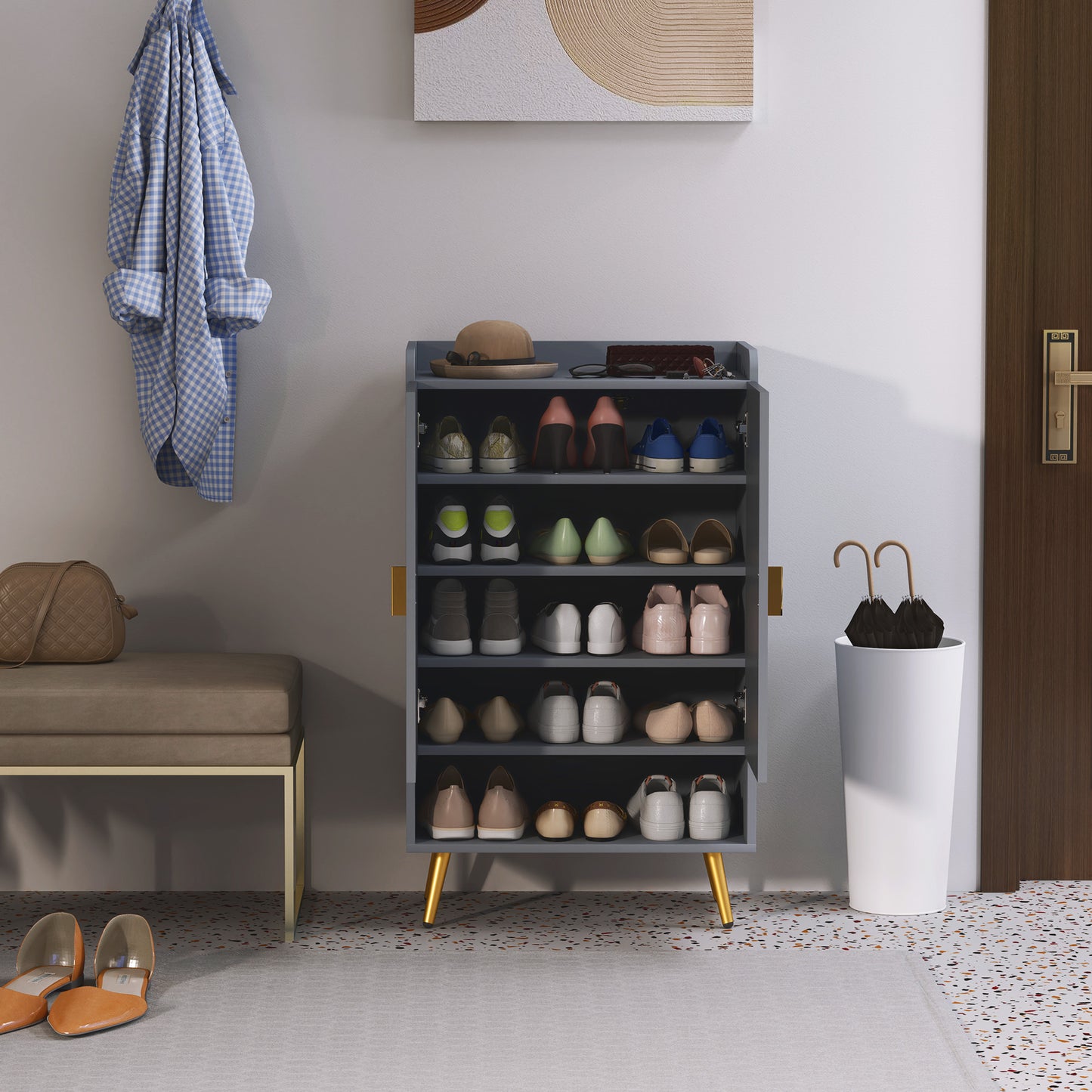 Shoe Cabinet with Beadboard Doors for 15 Pairs of Shoes, Light Grey