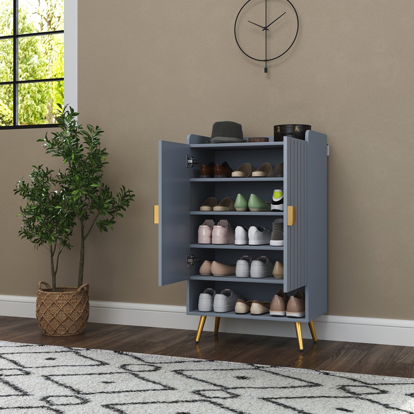 Shoe Cabinet with Beadboard Doors for 15 Pairs of Shoes, Light Grey