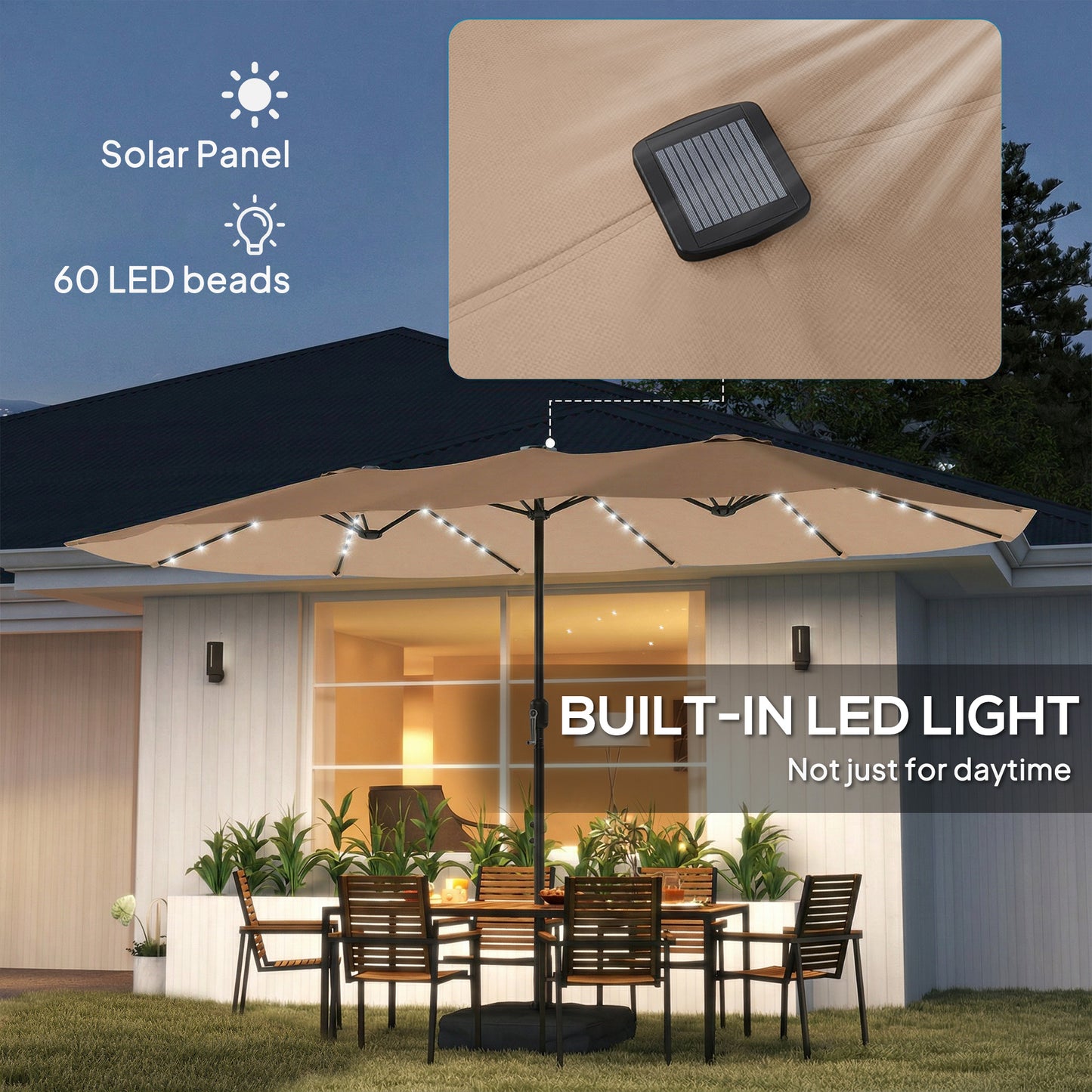 Double Sided Garden Parasol w/ 60 Solar LED Lights 4.5m, Khaki