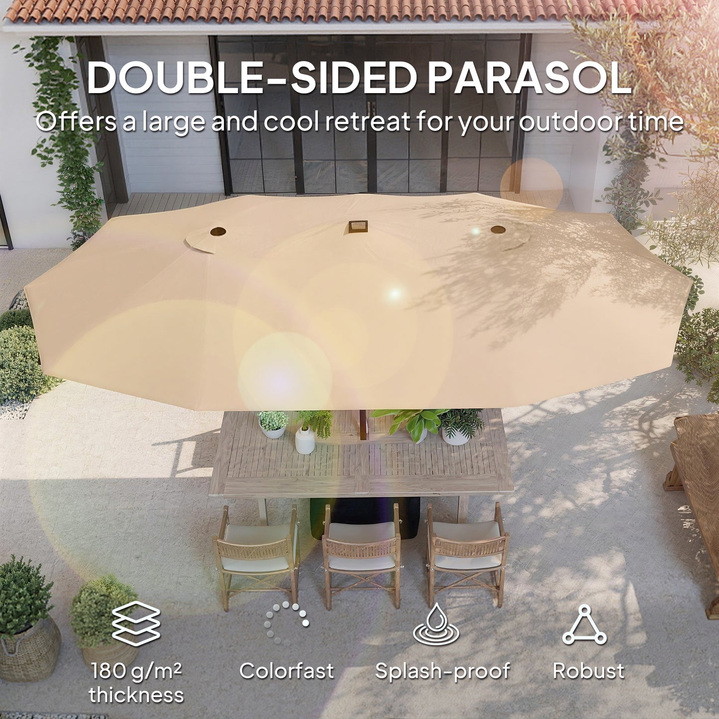 Double Sided Garden Parasol w/ 60 Solar LED Lights 4.5m, Khaki
