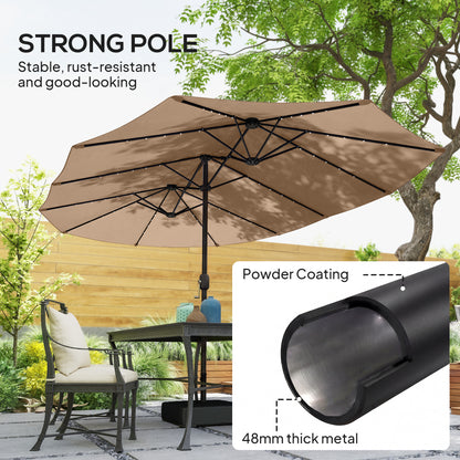 Double Sided Garden Parasol w/ 60 Solar LED Lights 4.5m, Khaki