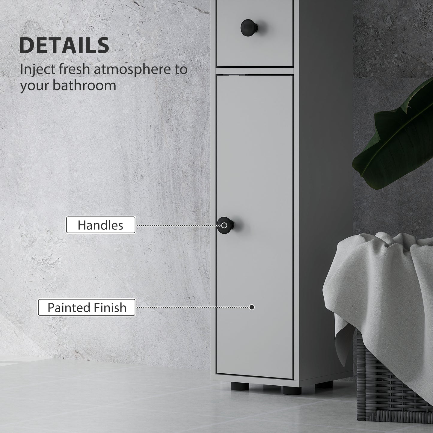 Slim Bathroom Cabinet, Toilet Roll Storage w/ Open Shelves, Grey