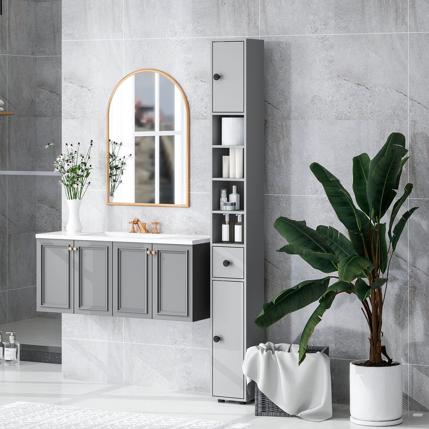 Slim Bathroom Cabinet, Toilet Roll Storage w/ Open Shelves, Grey