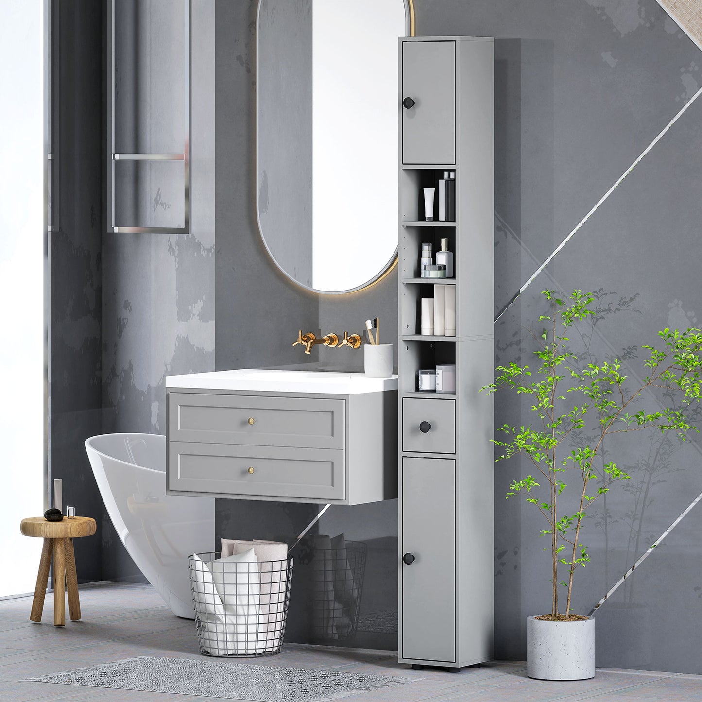 Slim Bathroom Cabinet, Toilet Roll Storage w/ Open Shelves, Grey