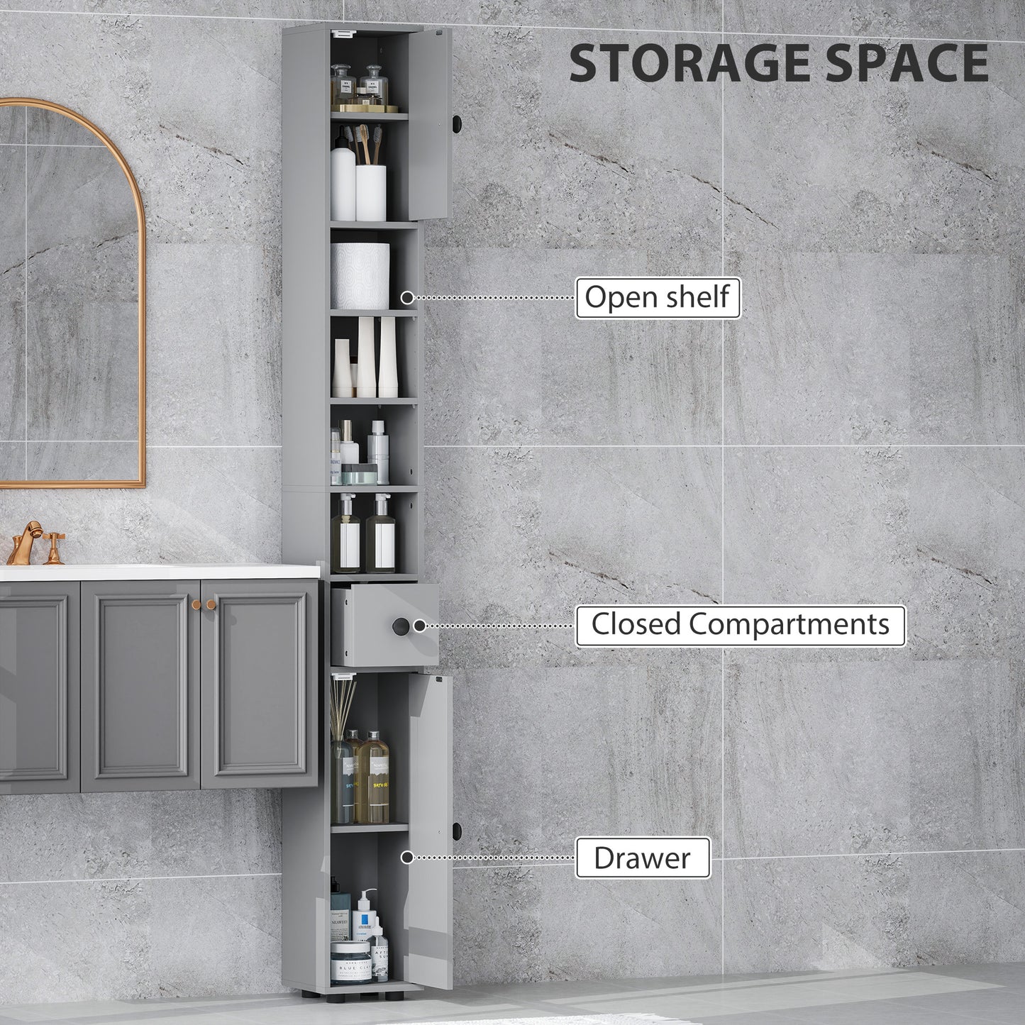 Slim Bathroom Cabinet, Toilet Roll Storage w/ Open Shelves, Grey