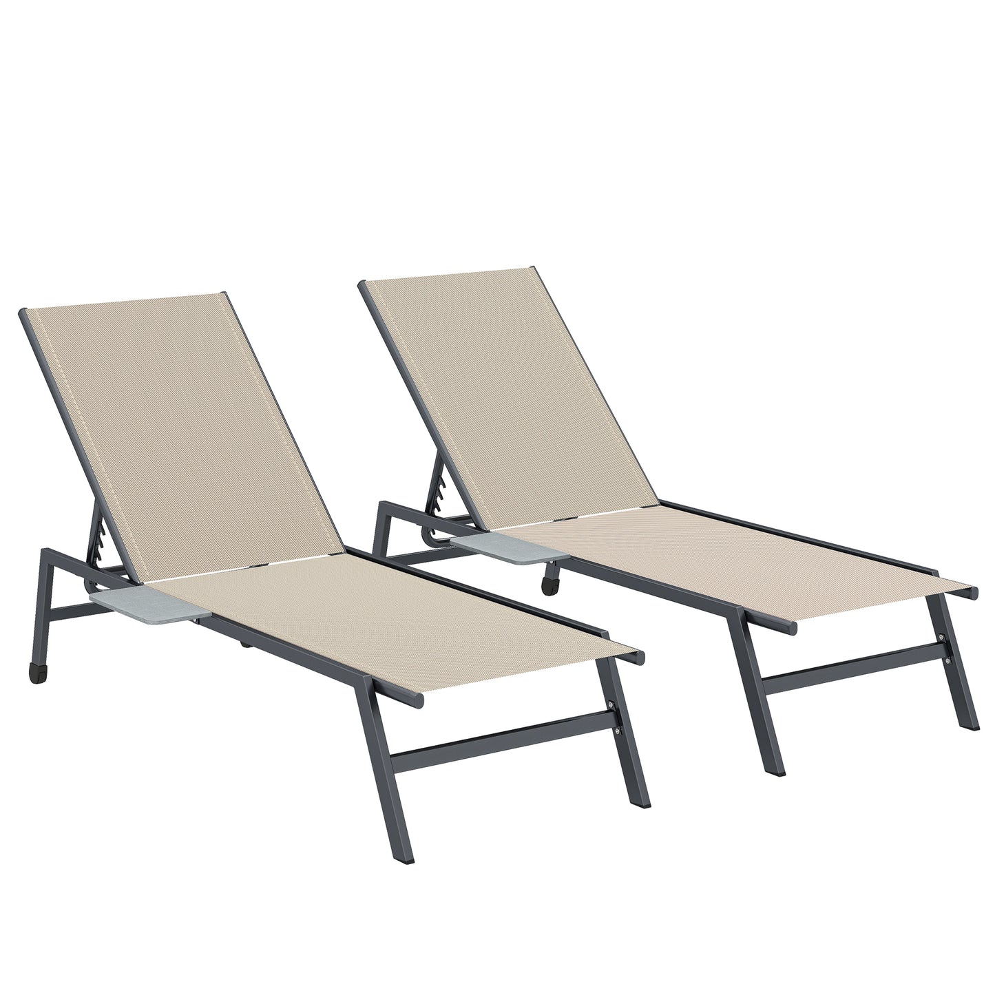 Sun Loungers for Garden Set of 2 with Side Tray Table, Khaki