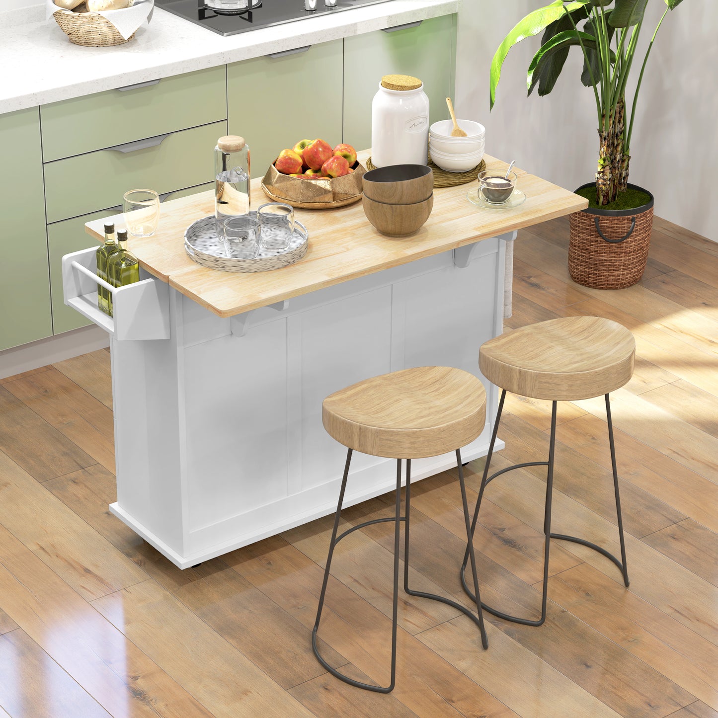 Kitchen Island on Wheels, Kitchen Cart with Drop Leaf, White