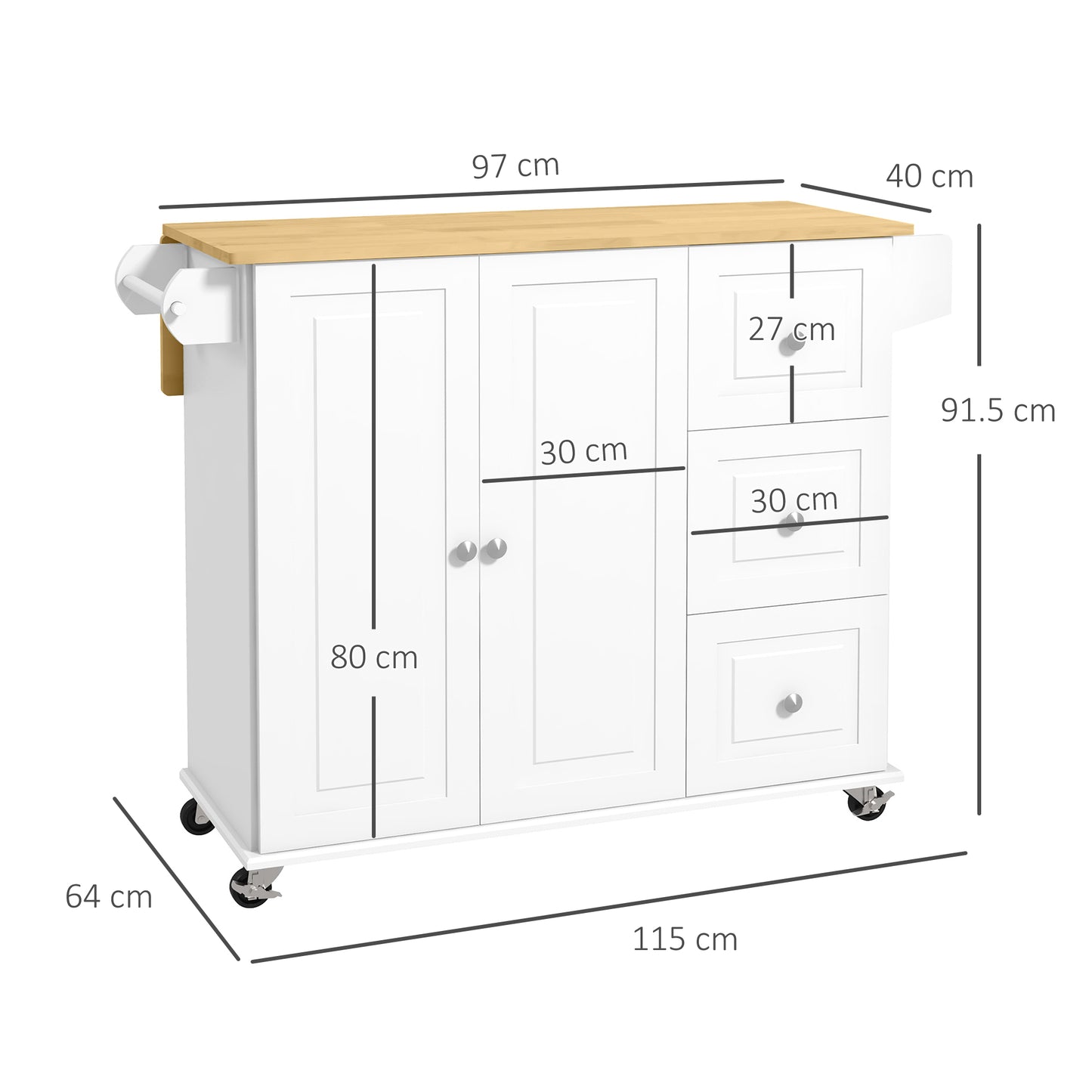 Kitchen Island on Wheels, Kitchen Cart with Drop Leaf, White