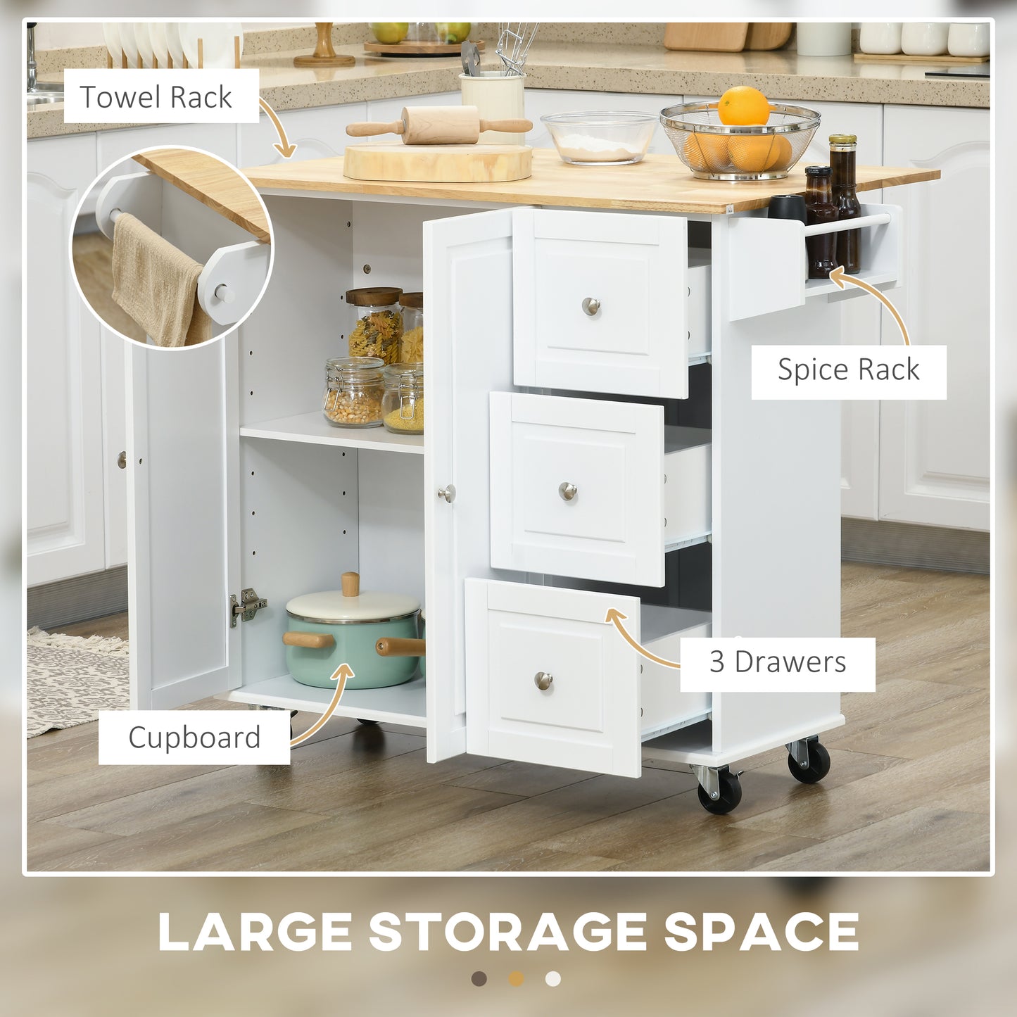 Kitchen Island on Wheels, Kitchen Cart with Drop Leaf, White