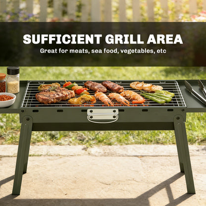 BBQ Grill, Charcoal Barbecue with 2 Side Shelves and Handle, Green