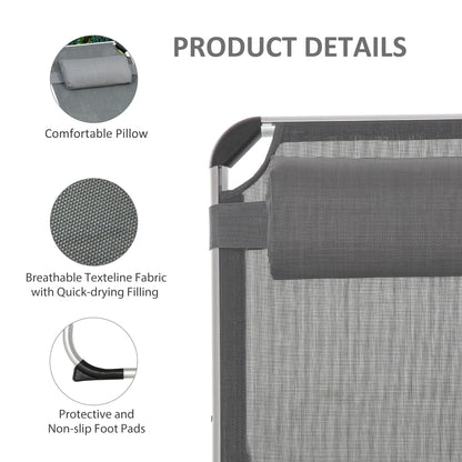 Foldable Garden Lounger Camping Bed Cot w/ Pillow 5-Level Adjustable Back Aluminium Frame, 76H x 170L x 60W Grey
